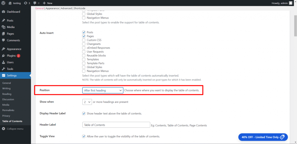 Adding Content How to add Table of Content on different positions. – Easy Table of ...